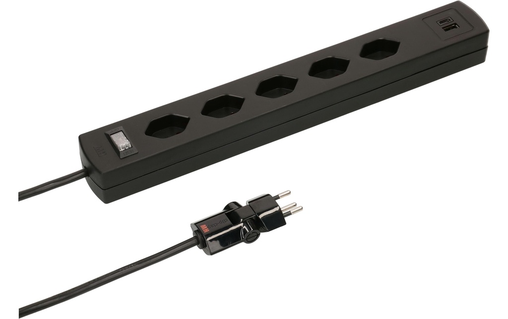 Max Hauri Bloc multiprises SafetyLine 5x T13 avec USB A C, noir