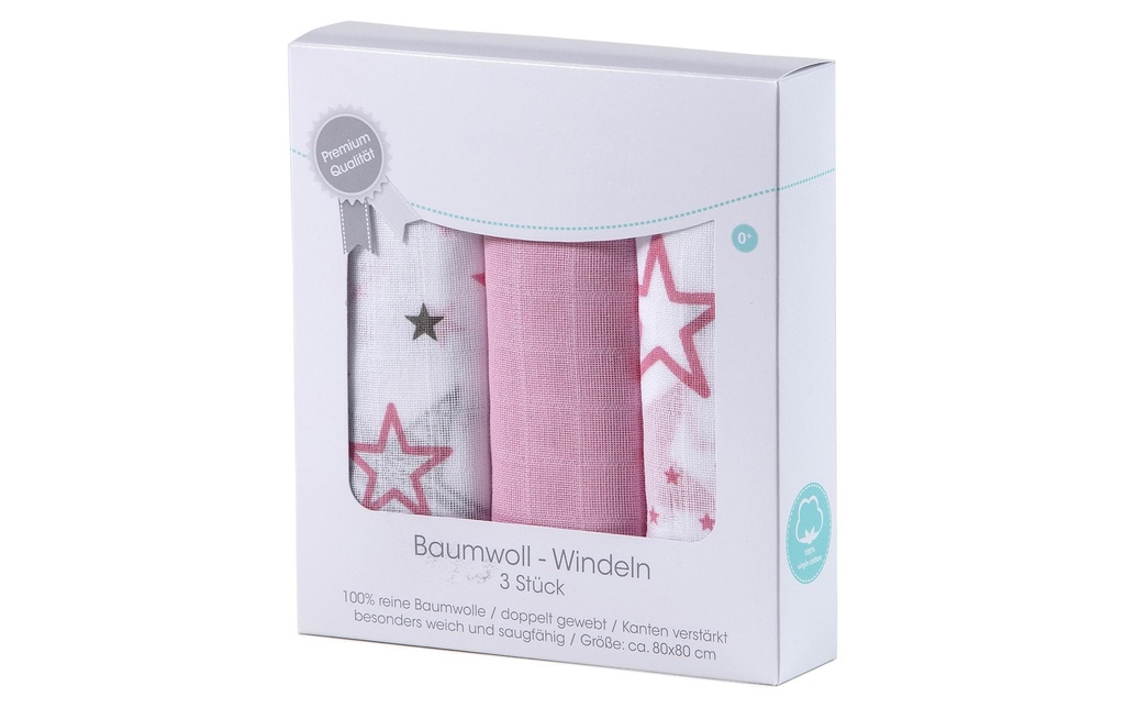 MAKIAN Serviette en gaze 3-er Set 80 x 80 cm Étoiles roses et blanches