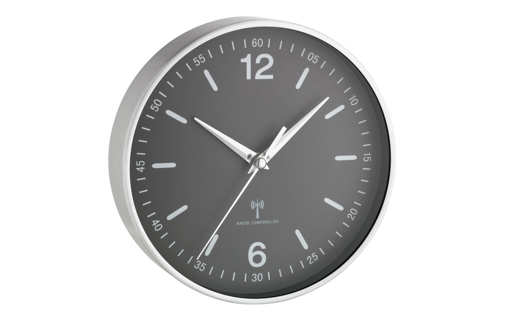TFA Dostmann Horloge murale radio avec cadre en aluminium 19,5 cm, Noir/Argenté