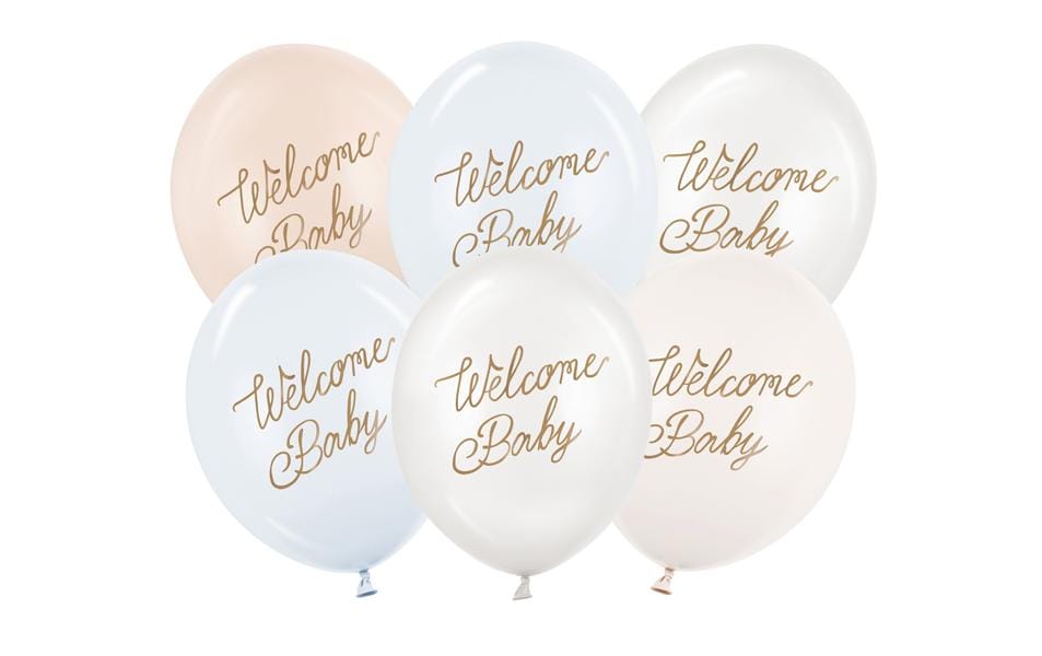 Partydeco Ballon de baudruche Welcome Baby, Blanc / Bleu clair, 30 cm, 6 pièces