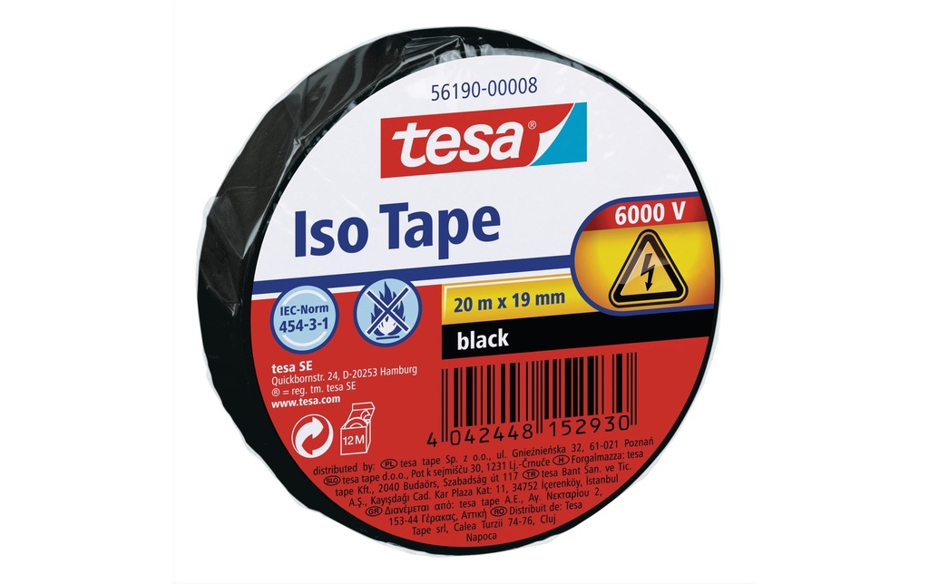 tesa Ruban adhésif Iso Tape 19 mm x 20 m, Noir