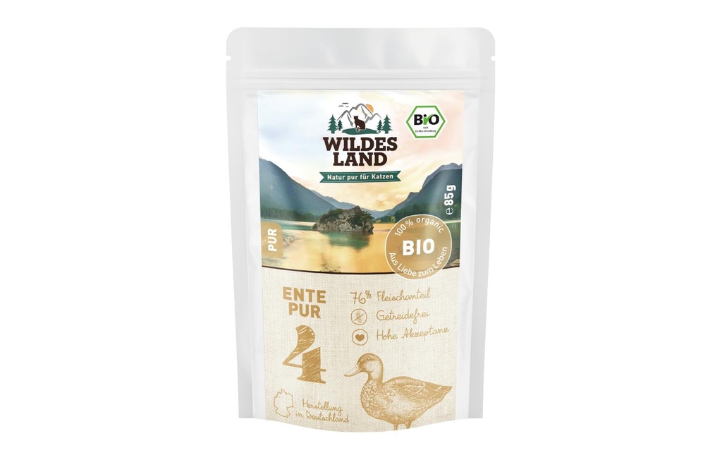Wildes Land Alimentation humide Adult BIO Canard PUR avec. Huile de saumon 85 g