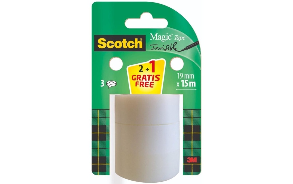 Scotch Ruban adhésif Magic 19 mm x 15 m, 2 rouleaux + 1 gratuit