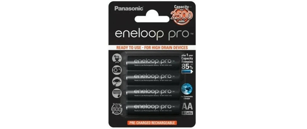 Panasonic Batterie Eneloop Pro BK-3HCDE/4BE NiMH AA 2500 mAh, 4 Pièce/s