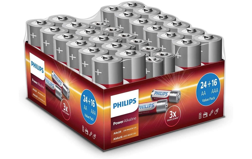 Philips Pile Alkaline Pack 24x AA, 16x AAA , 40 Pièce/s