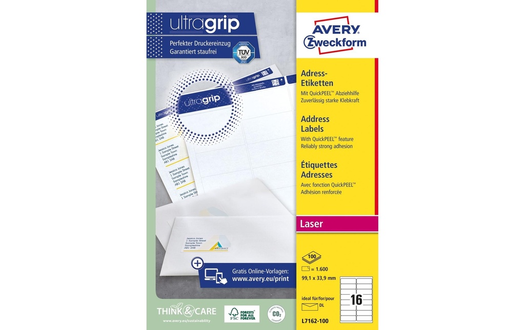Avery Zweckform Étiquettes d’adresse L7162-100  99,1 x 33,9 mm
