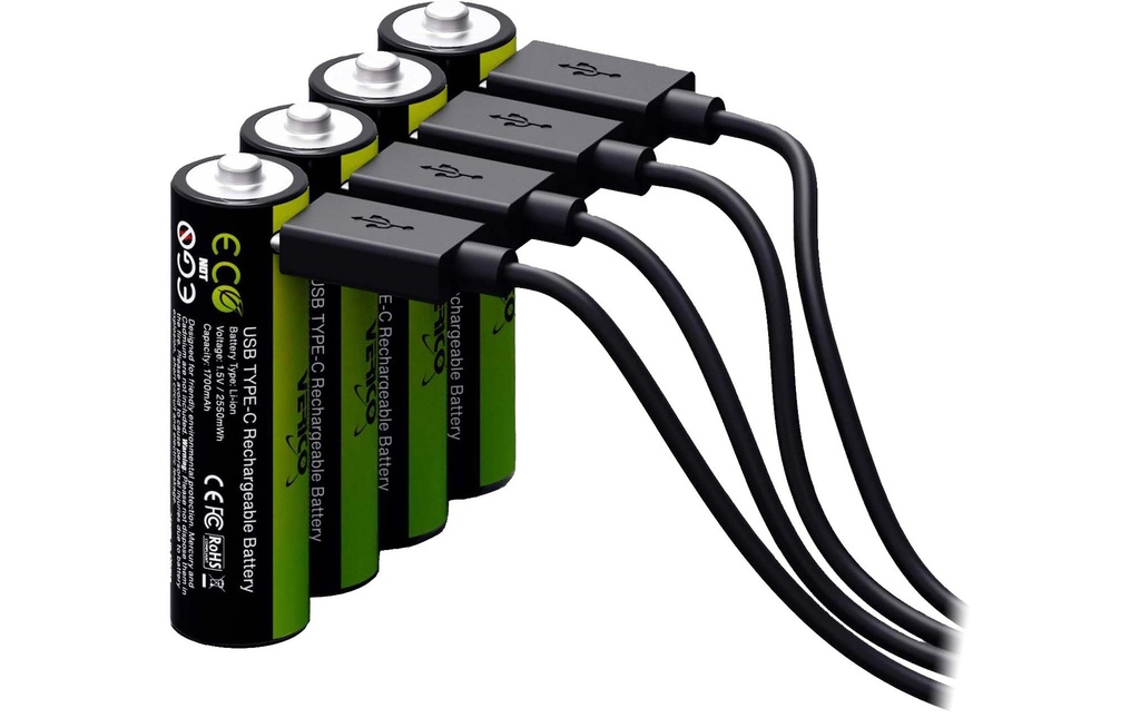Verico Batterie Li-Ion AA avec USB-C 1700 mAh, 4 Pièce/s