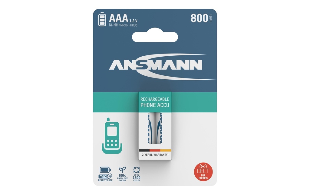 Ansmann Batterie Phone NiMH AAA pour téléphones DECT 800 mAh, 2 Pièce/s