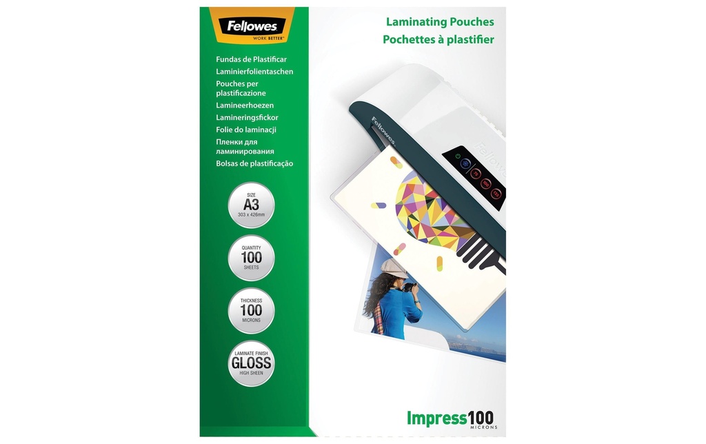 Fellowes Film laminé A3, 100 µm, 100 pièces, brillant