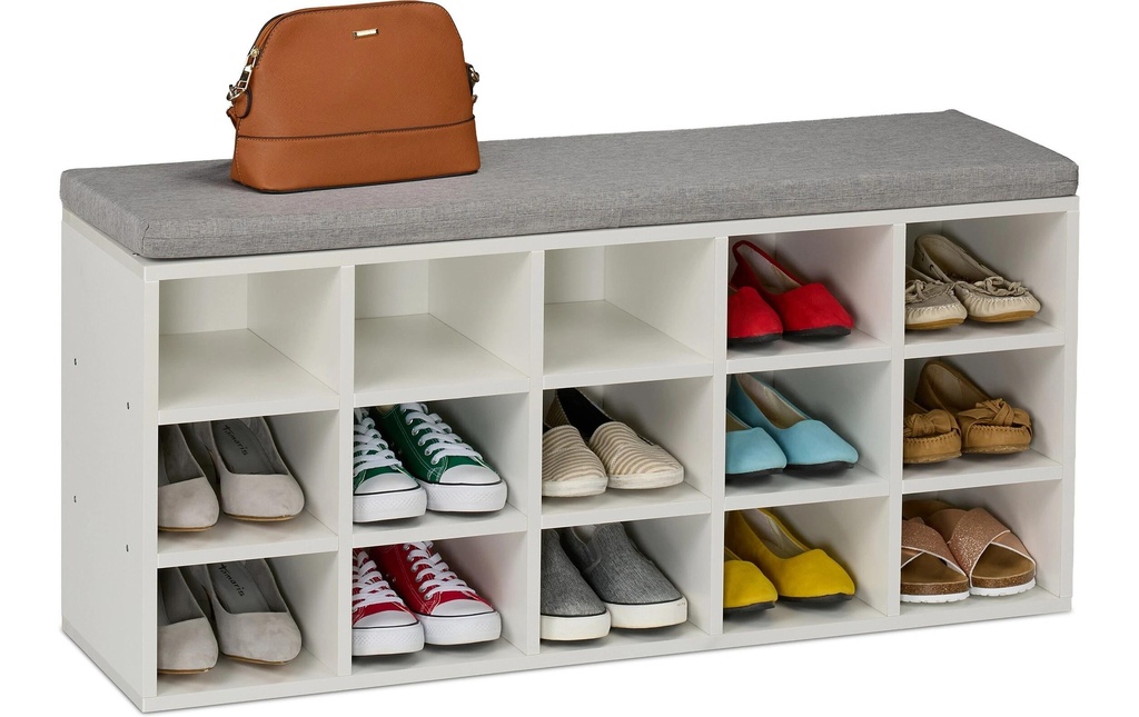 relaxdays Banc à chaussures avec assise avec 15 compartiments, Gris/Blanc
