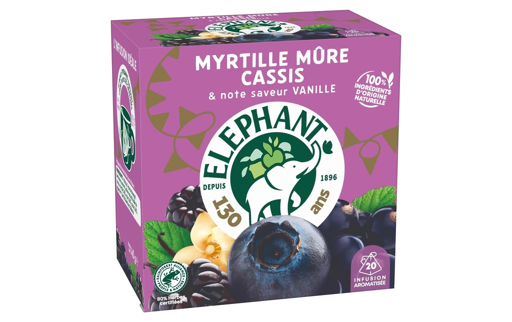 Eléphant Sachet de thé Infusion Myrtille Múre Cassis 20 pièces