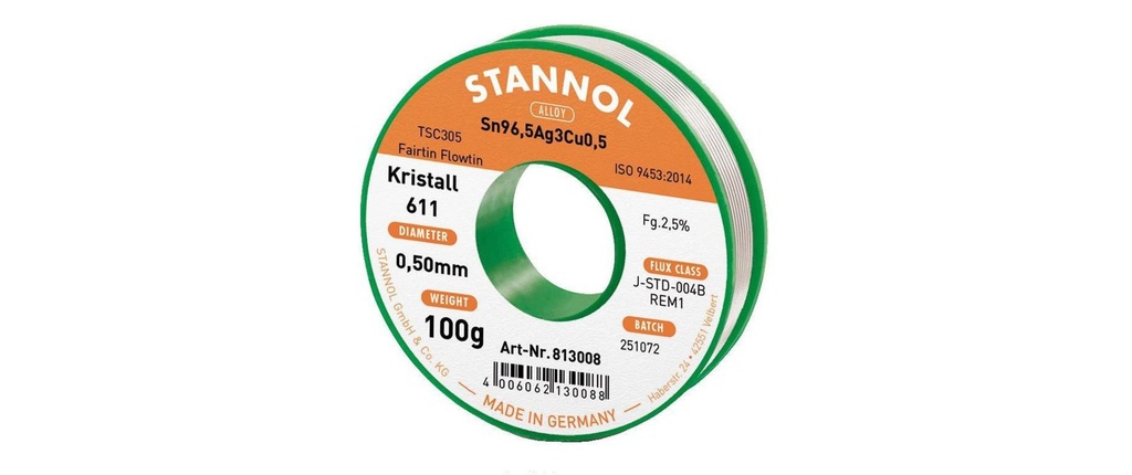 Stannol Étain à braser Kristall 611 TSC Ø 0.5 mm 100 g