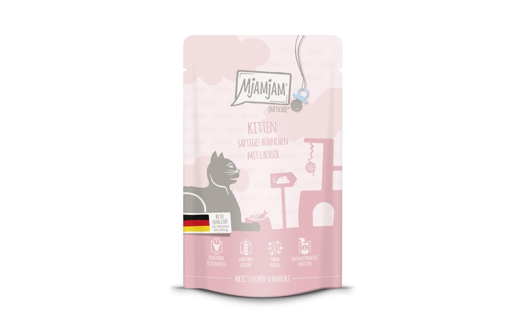 Mjamjam Alimentation humide Quetschie Kitten poulet avec huile de saumon, 125 g