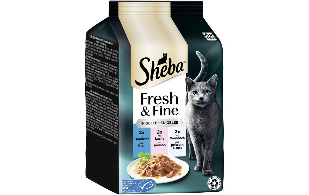 Sheba Alimentation humide avec du thon, du saumon et du poisson blanc, 6 x 50g