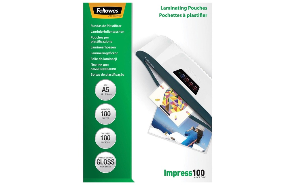 Fellowes Film laminé A5, 100 µm, 100 pièces, brillant