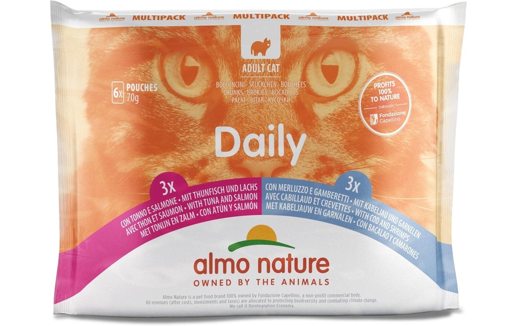 Almo Nature Alimentation humide Daily Multipack, saumon/cabillaud/crevettes 6 x 70g