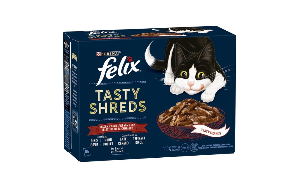 Felix Alimentation humide Tasty Shred Original avec viande en gelée, 10x80g