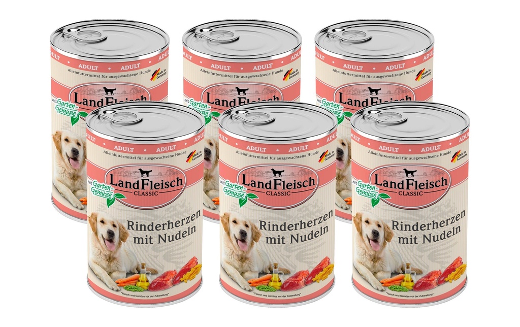 LandFleisch Alimentation humide Cœurs de bœuf classiques avec nouilles, 6 x 400 g