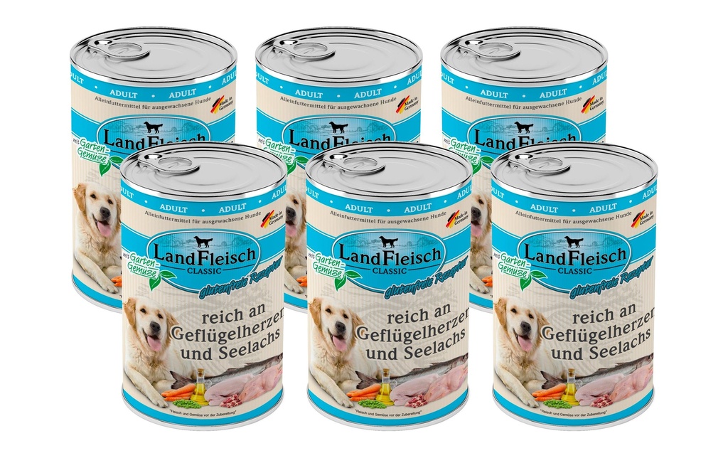 LandFleisch Alimentation humide Cœurs de volaille classiques et colin, 6 x 400 g