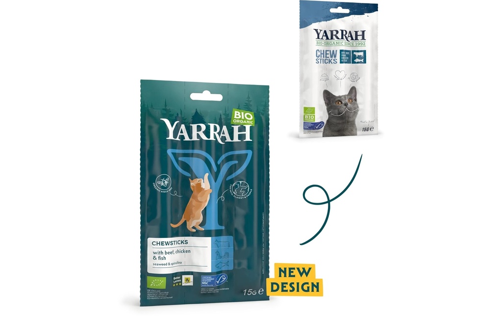 Yarrah Articles à mâcher Bio Chewsticks bœuf, poulet & poisson 5 x 15 g