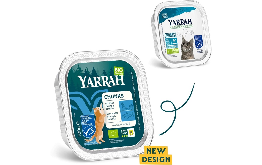 Yarrah Alimentation humide bio Chunks bio au poulet et au hareng 32x 100 g