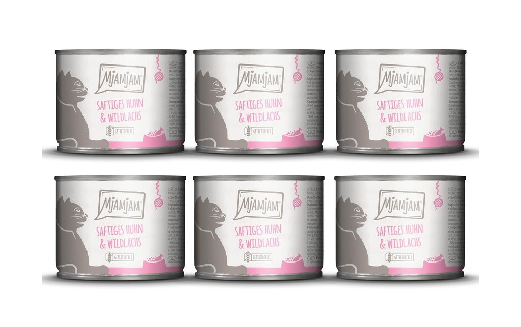 Mjamjam Alimentation humide Boîte de poulet & saumon sauvage, 6 x 200 g