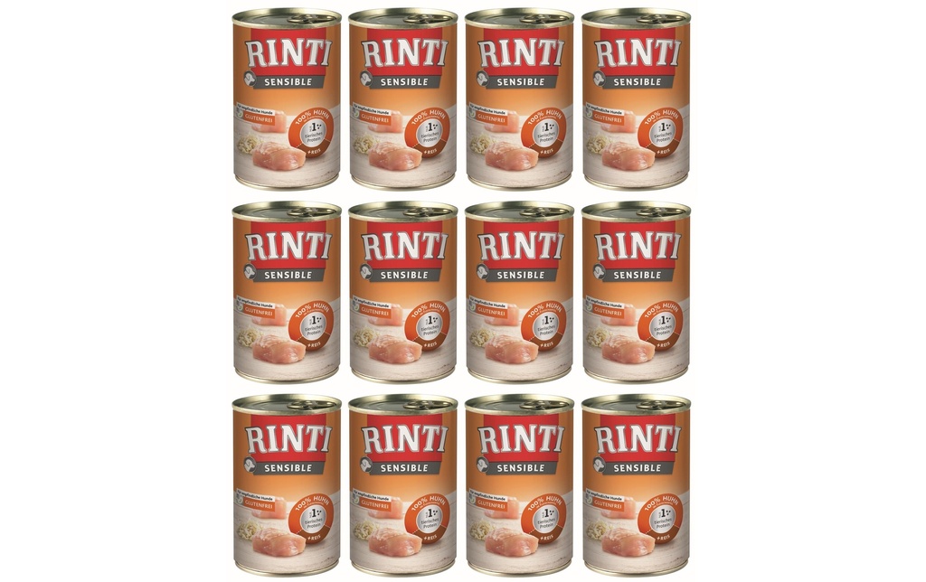 Rinti Alimentation humide Boîte Sensible Poulet + Riz, 12 x 400 g