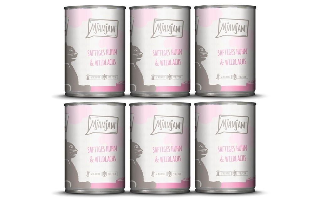 Mjamjam Alimentation humide Boîte de poulet & saumon sauvage, 6 x 400 g