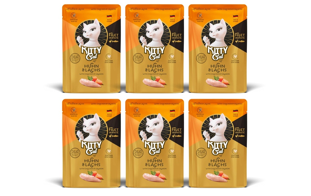 KITTY Cat Alimentation humide Filét Paté Pouch poulet, saumon 6 x 85 g