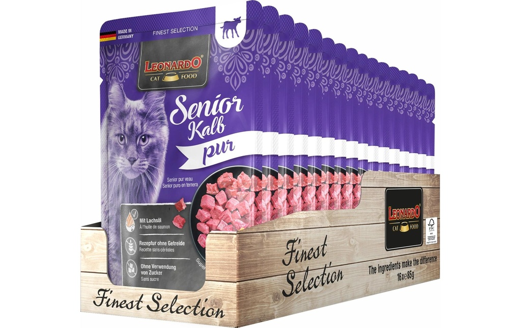 Leonardo Cat Food Alimentation humide Veau Senior Pur, 16 x 85 g