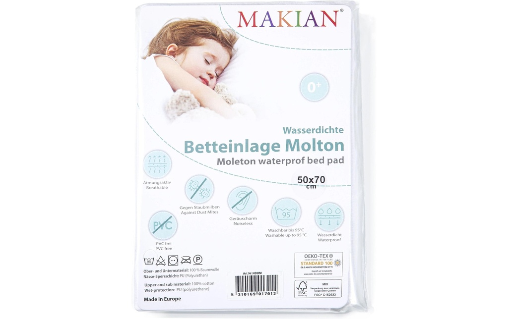 MAKIAN Protection de matelas Molleton, paquet de 1 50 x 70 cm, blanc