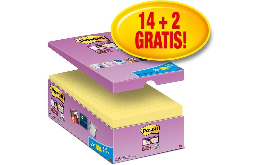 Post-it Fiche de bloc-notes Super Sticky 16 blocs, 7,6 cm x 12,7 cm,Jaune