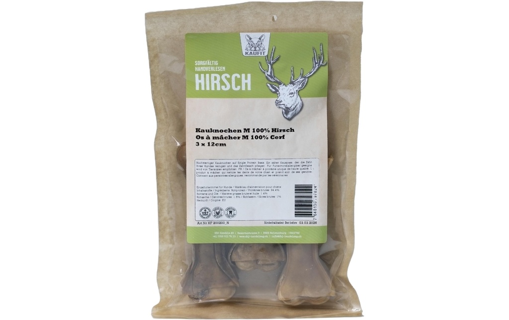 Kaufit Os à mâcher Le cerf, 12 cm, 165 g, 3 pièces