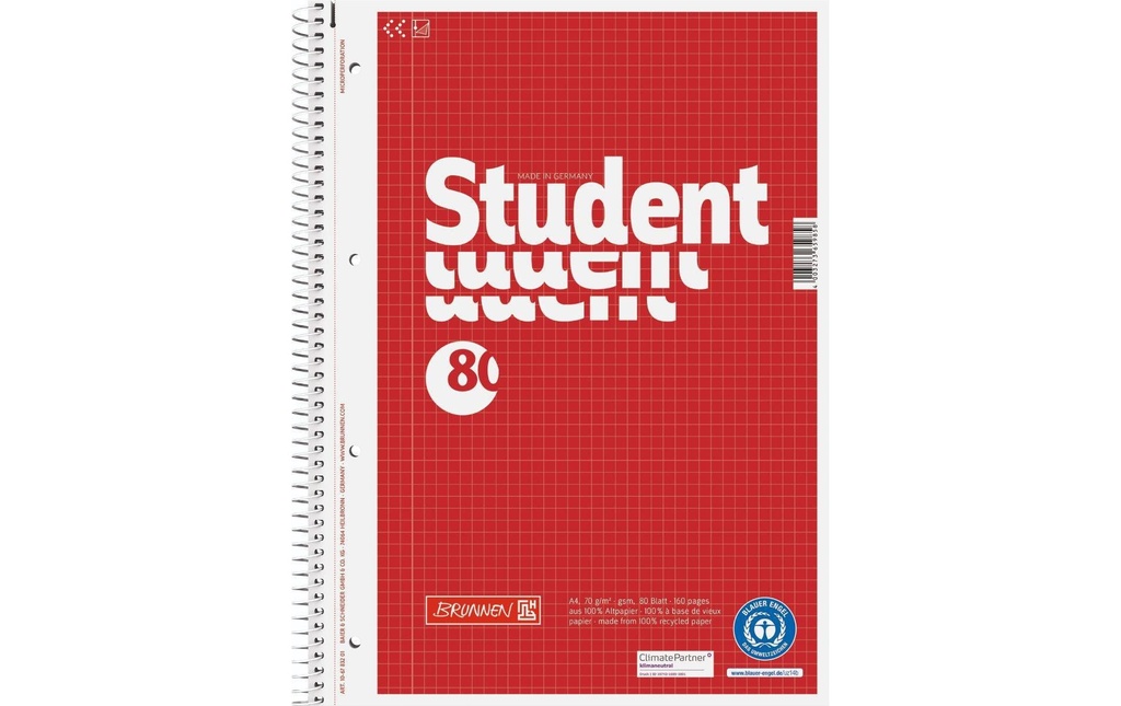 Brunnen Bloc-notes de collège A4 Recycling A4, quadrillé, 80 feuilles