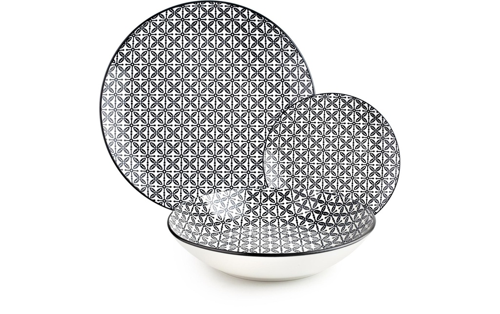 Ibili Set d'assiettes Bavaria 26.8-19.2 cm 12 pièces, Noir/Blanc