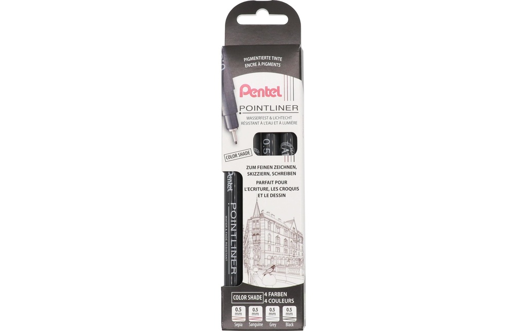 pentel Fineliner Pigment Color Shade 0.5 mm, Multicolore, set de 4 pièces
