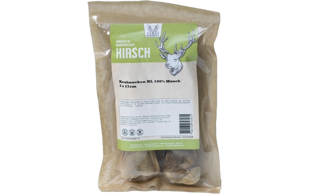 Kaufit Os à mâcher Le cerf, 17 cm, 225 g, 2 pièces