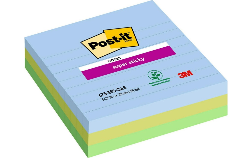 Post-it Fiche de bloc-notes Super Sticky 10 x 10 cm, 3 blocs, lignés