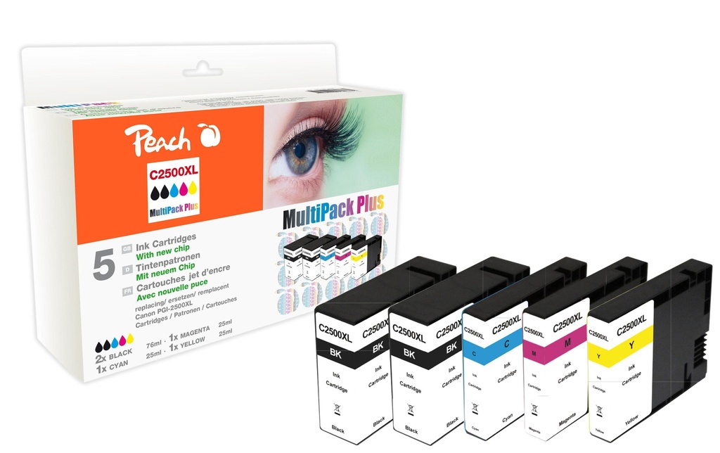 Peach Kits d’encre Canon PGI-2500 C, M, Y, 2x BK