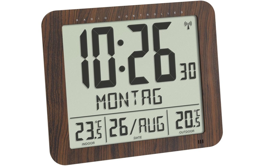 TFA Dostmann Horloge radio-pilotée Numérique en aspect bois avec alarme de température