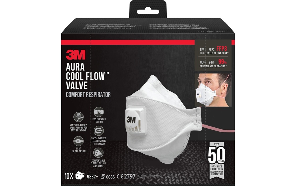 3M Masque de protection respiratoire Aura 9332+ FFP3, 10 pièces