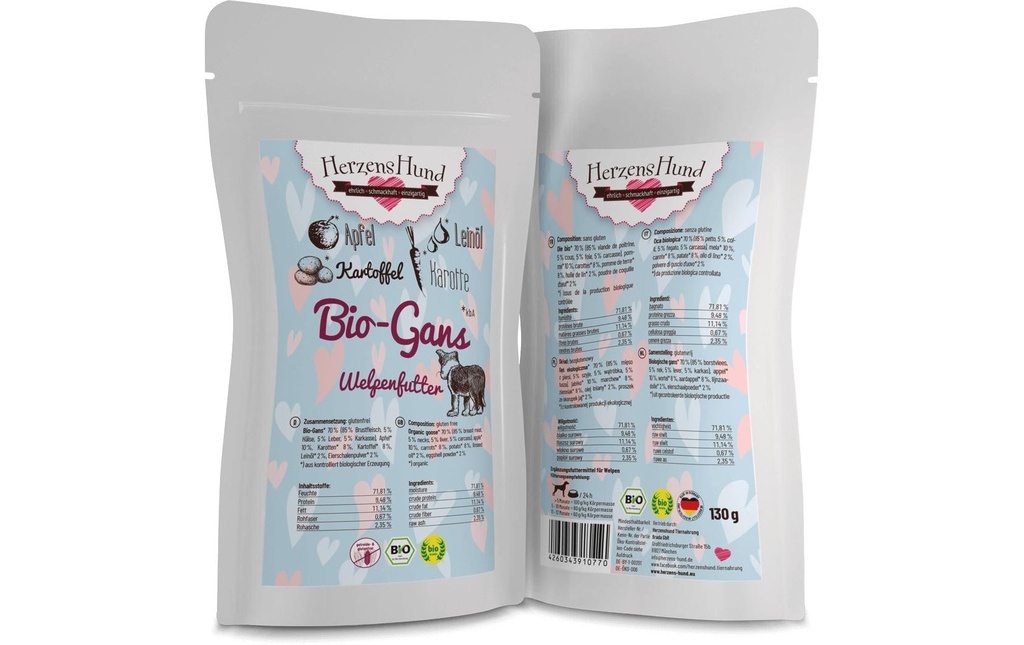 HerzensHund Alimentation humide Chiot oie bio avec pomme bio, 130 g