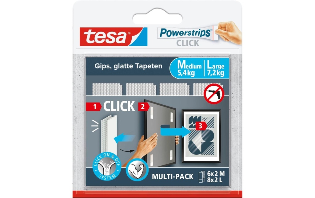 tesa Pastille adhésive Powerstrips CLICK Large - 6 x 2 M, 8 x 2 L
