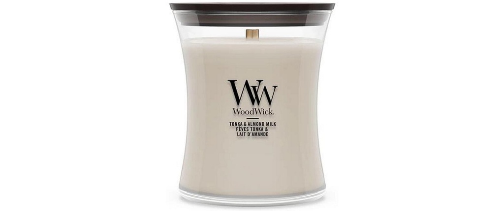 Woodwick Bougie parfumée Tonka & Almond Milk Medium Jar