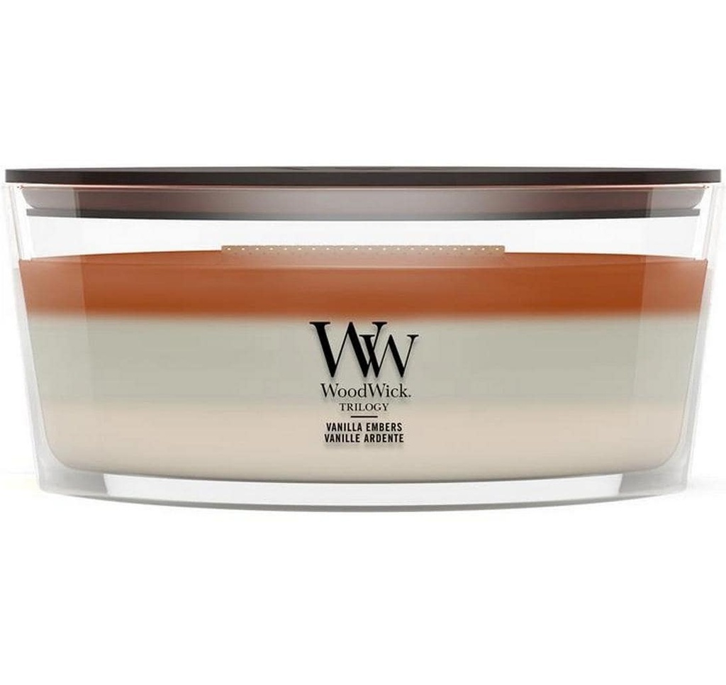 Woodwick Bougie parfumée Vanilla Embers Trilogy Ellipse