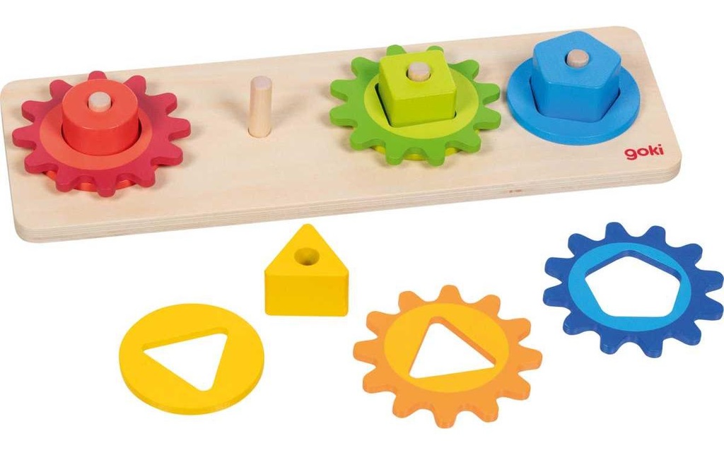 Goki Jeu de tri en bois avec des roues dentées 30 x 10 x 4 cm, 12 pièces