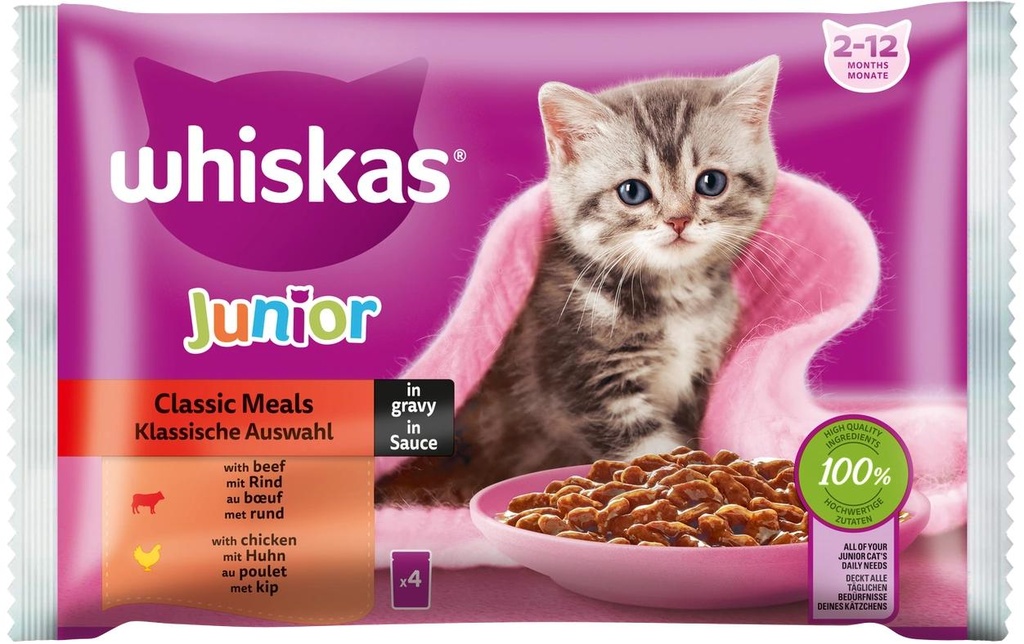 Whiskas Alimentation humide Junior bœuf et poulet 4 x 85 g
