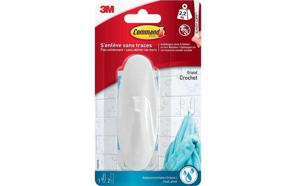 Command Crochet adhésif Salle de bain Large Design 2.2 kg, Blanc