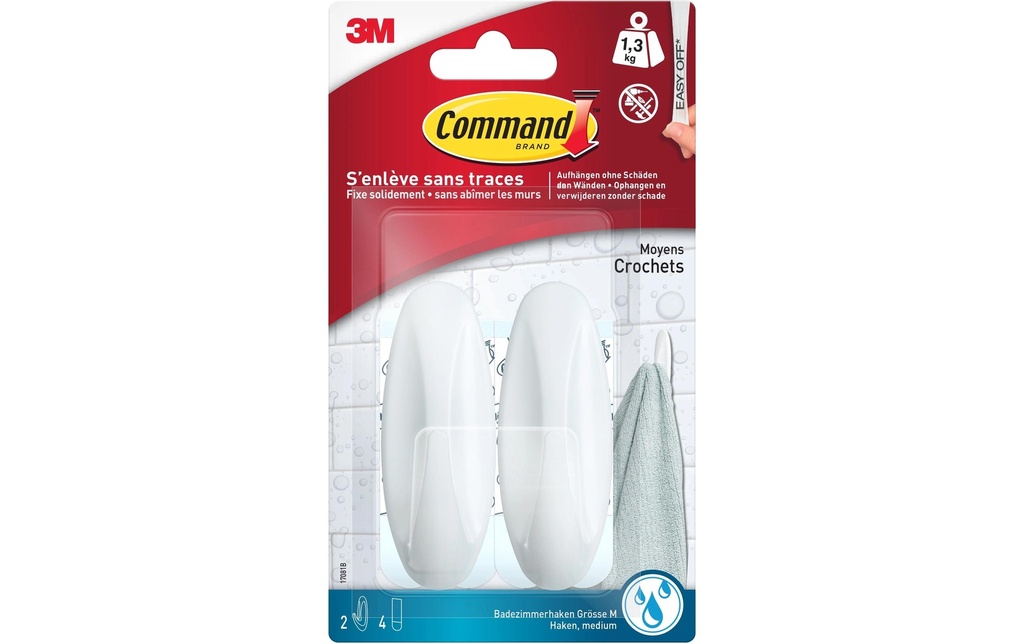 Command Crochet adhésif Concepteur de salle de bain moyenne 1.4 kg, Blanc