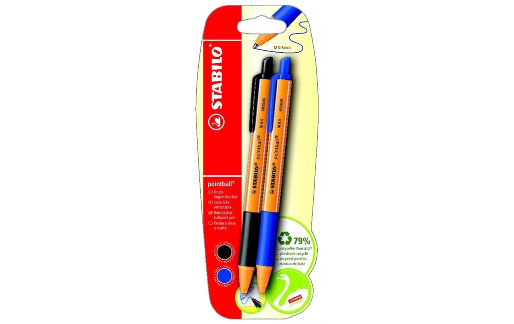 STABILO pointball stylo-bille, blister de 2, bleu/noir